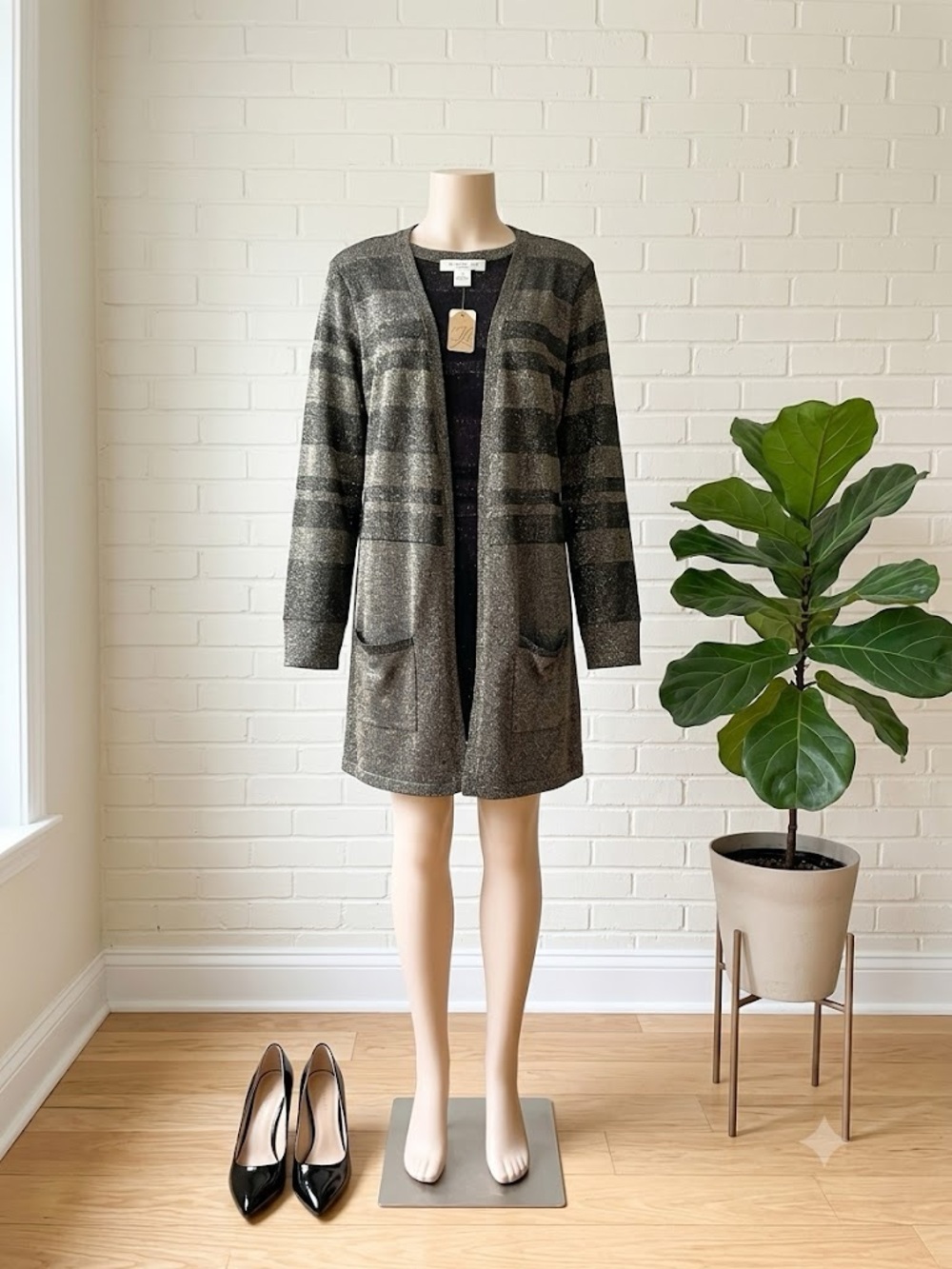 august silk Metallic Stripe Open-Front Cardigan in Gray and Gold